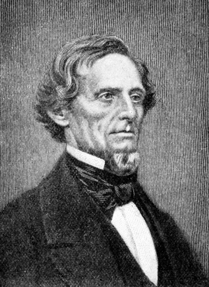 A black and white handdrawn portrait  of a man with short wavy hair and a chin beard in a black suit with white, high-collar shirt and black cravat. 
