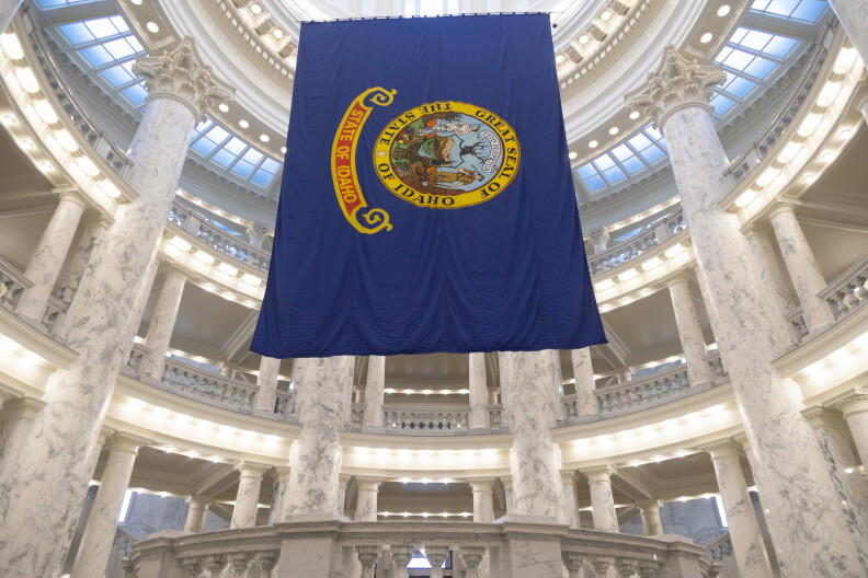 The Idaho state flag hangs in the State Capitol in Boise, Idaho.