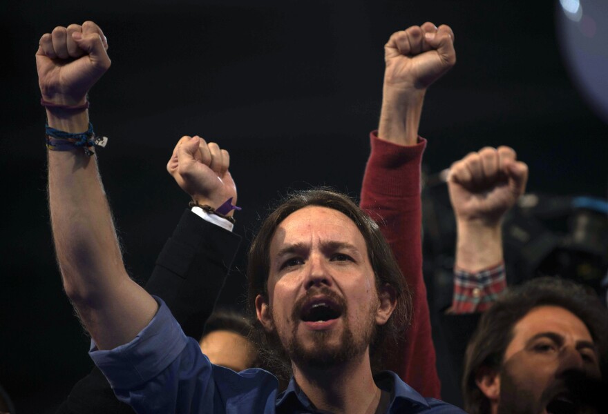 The new left-wing, grass-roots party Podemos ("We Can") hopes to wrest power from the ruling conservatives. Party leader Pablo Iglesias (shown here in March) gave Spain's King Felipe a box set of <em>Game of Thrones</em>: "I told him it's a series he'll definitely like, if he wants to understand the political crisis in Spain."