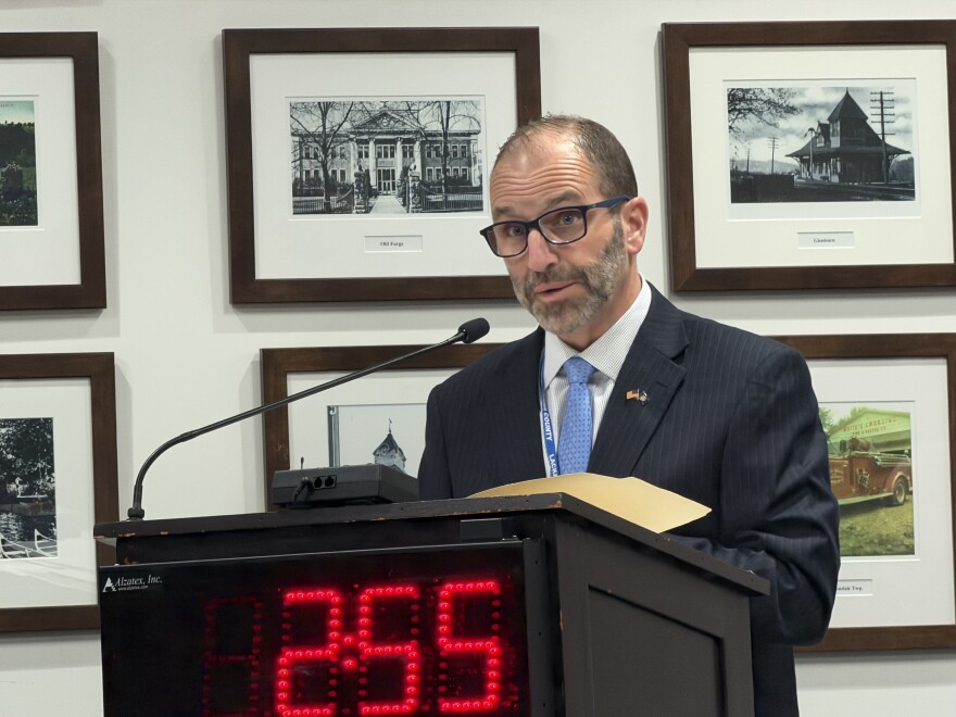 Lackawanna County Judge Frank Ruggiero, who oversees juvenile court hearings, speaks during a county commissioners meeting Feb. 24, 2026, centered on the county joining Berks, Dauphin and Lehigh counties in opening a new juvenile detention center in Berks County in 2027.