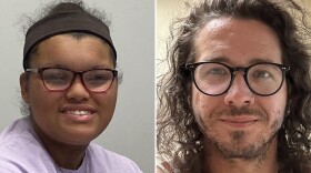 Side-by-side closeups of two people, a college-aged woman of color wearing a headband and eyeglass on the left, and a white male wearing eyeglasses on the right. 