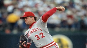Cincinnati Reds Tom Browning pitches against the Oakland Athletics in the first inning of the third game of the World Series at Oakland Coliseum, Friday, Oct. 19, 1990, Oakland, Calif. 