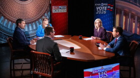 U.S. Senate candidates Ashley Hinson and Josh Turek take questions during a debate on Oct. 7, 2026, at Iowa PBS in Johnston.