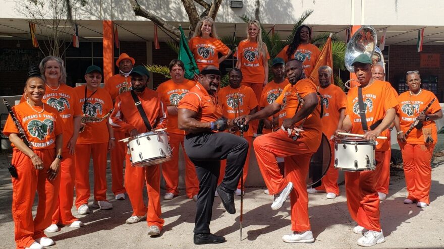 The alumni band gathers outside the Eastside auditorium for the school’s Black History Month celebration on Feb. 25, 2022. The alumni span more than two decades of graduating classes.
