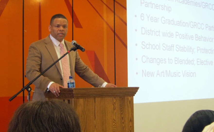 GRPS Superintendent Dr. Bernard Taylor Jr. apeaks to about 100 people during his 4th annual "State of Our schools" address.