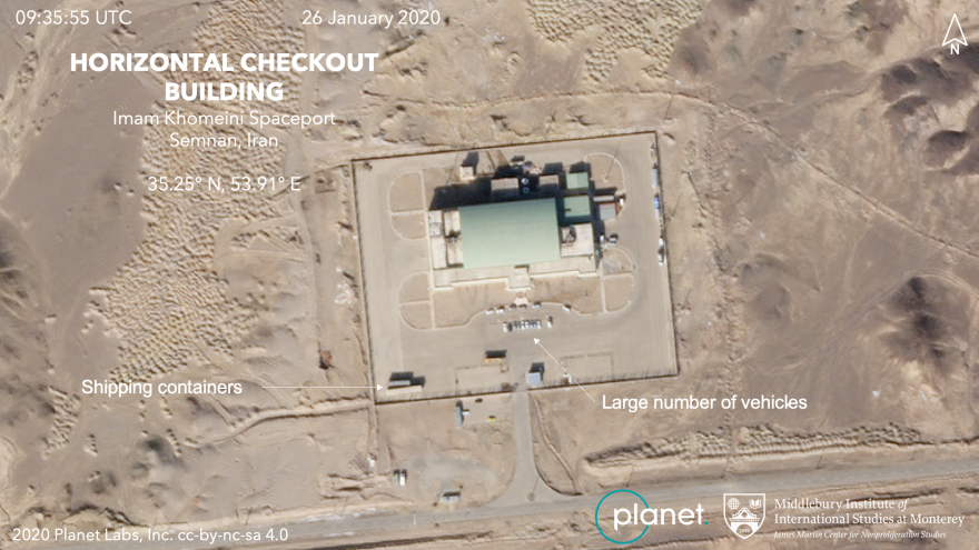 Parked cars are visible near the vehicle assembly building, where Iran's space rockets are put together.