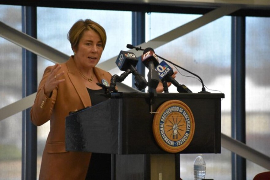 Gov. Maura Healey spoke Tuesday, Nov. 19, 2024 at IBEW Local 223 in Taunton as a union-backed climate jobs coalition released a new report calling for Southern New England states to double their offshore wind plans.