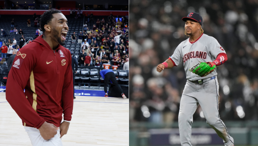 Side-by-side photos: Cleveland Cavaliers guard Donovan Mitchell celebrates as he leaves the court following a win over the Detroit Pistons in Game 7 in a second-round NBA basketball playoffs series Sunday, May 17, 2026, in Detroit. | Cleveland Guardians' Jose Ramirez celebrates after winning Game 4 of baseball's American League Division Series against the Chicago White Sox, Thursday, Oct. 8, 2026, in Chicago.