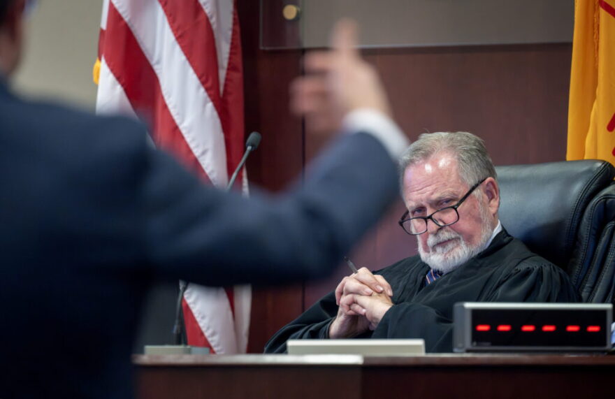 First District Judge Francis Mathew listens to attorney Matthew Nicholson, represented Meta Platforms Inc. during a hearing to determine the penalties against Meta, which was found by a jury to have violated a state consumer protection law during a trial last month, Thursday, October 1, 2026.
