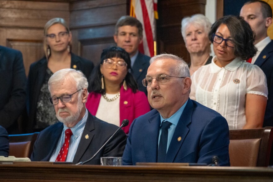 House Speaker Bryce Edgmon, a Dillingham independent, speaks alongside Senate President Gary Stevens, a Kodiak Republican, during a news conference at the Alaska State Capitol on Aug. 2, 2025.
