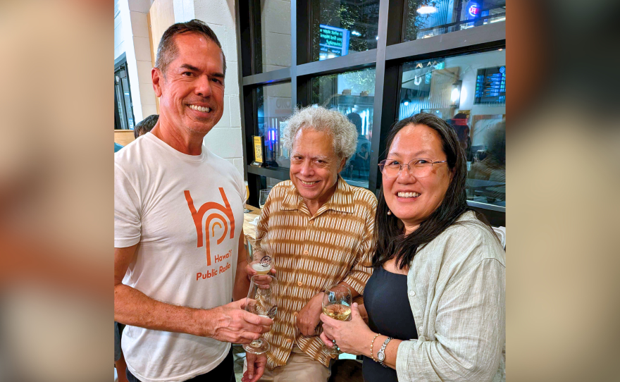 "Team HPR-2" at HPR Gen Listen Trivia at Village Bottle Shop & Tasting Room in Kakaʻako, pictured left to right: Evening Concert's Craig DeSilva, Morning Café/Concert and Sunday Brunch's Gene Schiller, and Classical Pacific's Sharene Taba