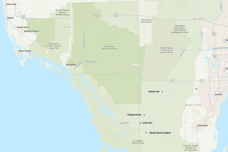 Several fires under attack by US Wildland Fire Service firefighters.