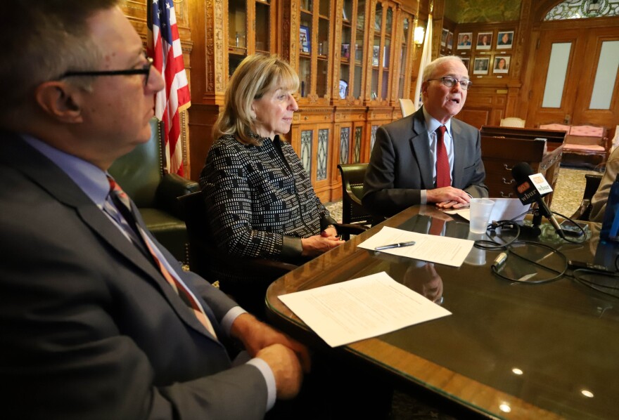 From left, Massachusetts state Senators Michael Rodrigues, President Karen Spilka and Michael Barrett.