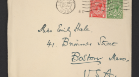 A digitized envelope addressed to Emily Hale at 41 Brimmer Street in Boston, Massachusetts, and handwritten by T.S. Eliot. Photo.