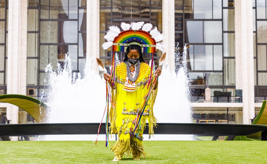 Gya Watson, a member of the Redhawk Native American Arts Council, on the Green at Lincoln Center.