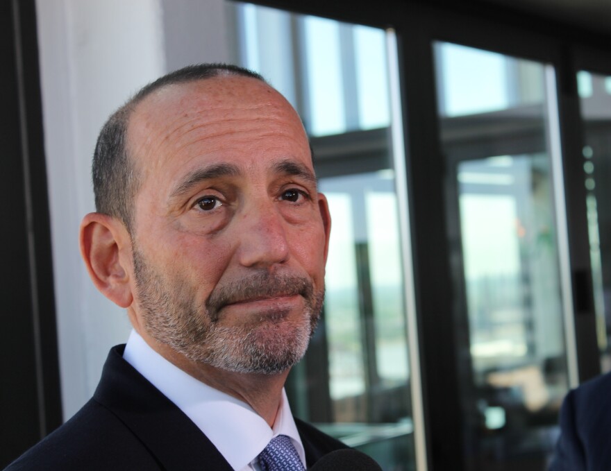 MLS Commissioner Don Garber meets with reporters in St. Louis. Garber toured a potential stadium site near the city's north riverfront.