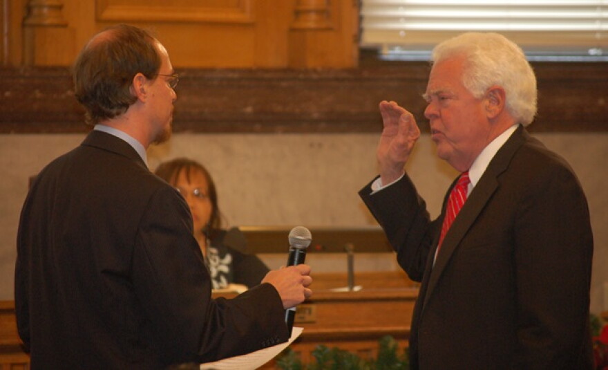 Democratic Council Member David Mann is sworn in at City Hall in 2013 for a four-year term, a limit that could change come November.