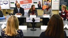 Health and Human Services secretary Sylvia Burwell, center, holds a roundtable talk on the Affordable Care Act at the United Way in Indianapolis. On the left is Rep. Andre Carson (D-Indianapolis) and right, Kathleen Folk.
