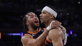 New York Knicks guard Jalen Brunson, left, celebrates with Josh Hart, right, after Hart was fouled by the Detroit Pistons during the second half of an NBA basketball game Monday, Feb. 26, 2024, in New York. (AP Photo/Adam Hunger)