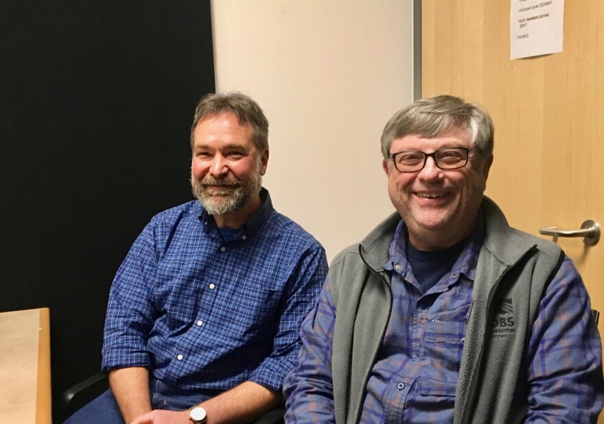 Doug Wentzel, program director at the Shaver's Creek Environmental Center, and retired Penn State researcher Greg Grove sitting in studio