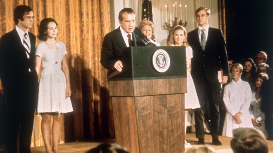 President Richard Nixon speaks at the White House on Aug. 9, 1974. He was preparing to leave the day after resigning because of the Watergate scandal. Nixon wanted to take his presidential documents with him, including his infamous tape recordings. But he was barred from doing so, and Congress passed a law that now requires all presidents to hand over their documents to the National Archives.