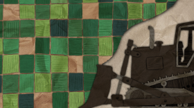 An illustration of a gray and black bulldozer. The equipment is coming into the frame from the right. The rest of the illustration is a drawn bird's eye field of farm fields. The bulldozer is pushing the quilt of farmland. 