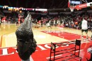 A bronze statue of a Redbird mascot in front of a basketball arena where players are practicing
