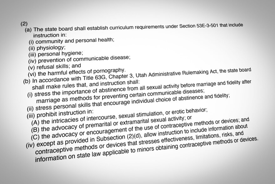 A stylized excerpt from the Utah code pertaining to health education and curriculum.