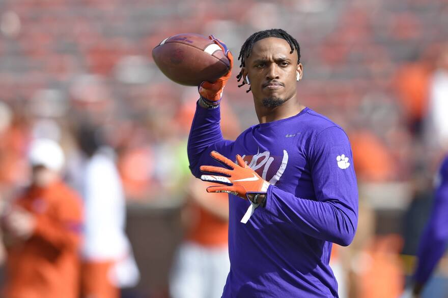 Clemson's Diondre Overton runs drills during warmups before an NCAA college football game against Wake Fores, Nov. 16, 2019, in Clemson, S.C. (AP Photo/Richard Shiro, File)