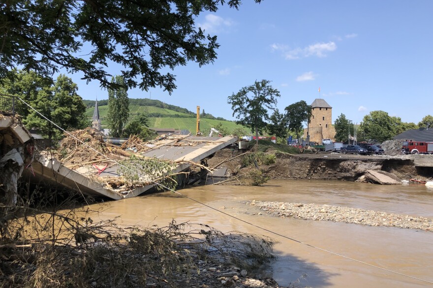 A destroyed bridge over the Ahr River in the town of Bad Neuenahr-Ahrweiler
