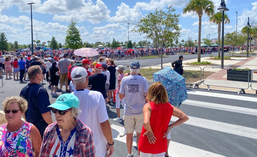 The line to attend the Trump event in The Villages extended perhaps half a mile and looped around on itself as it neared the entrance to the high school gym.