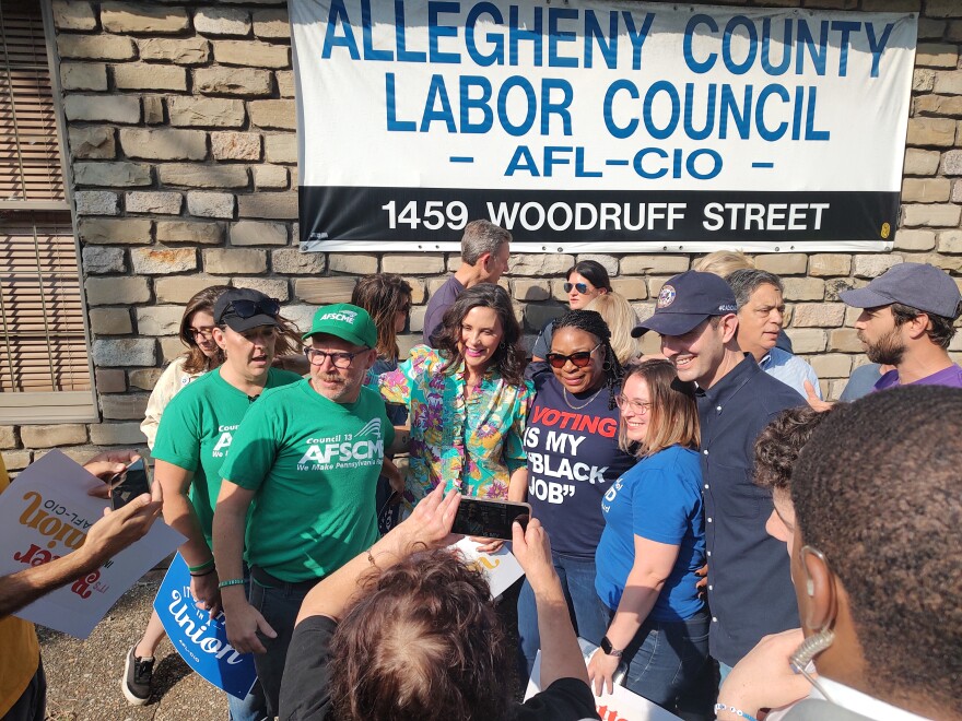 Michigan Gov. Gretchen Whitmer rallies with local union members on Saturday, Sept. 21, 2024