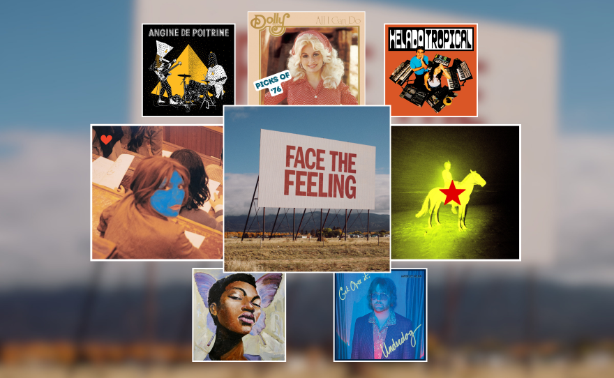 A group of white frames with artwork for albums and singles in them, all over a blurry blue sky and prairie background. In the top left is a yellow pyramid and two people playin guitar and drums. In the top middle is a blonde woman with red blouse and bandana. The top right is orange with two people surrounded by keyboards. The middle left is a woman with a blue painted face looking at the camera. The middle one has a white billboard with "FACE THE FEELING" in red letters. The middle right one has a yellow man riding a house with a red star on it. The bottom left is a woman with short hair and purple butterfly behind her. The bottom right has a blue tinged man with glasses and curly hair.