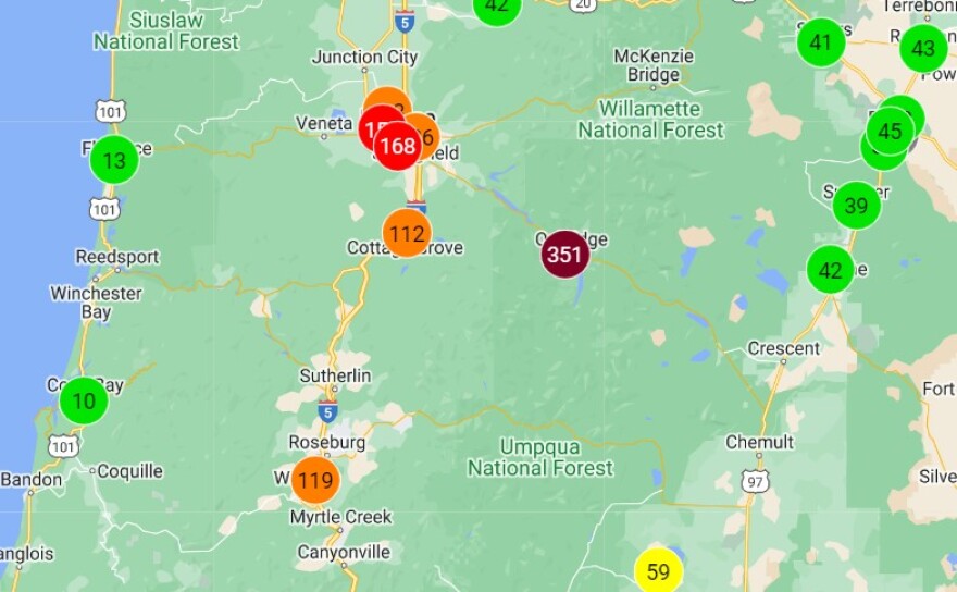 A screenshot showing the Air Quality Index for several communities in the Unhealthy range, and Oakridge in the Hazardous range at 1:30 p.m. on Oct. 9, 2022.