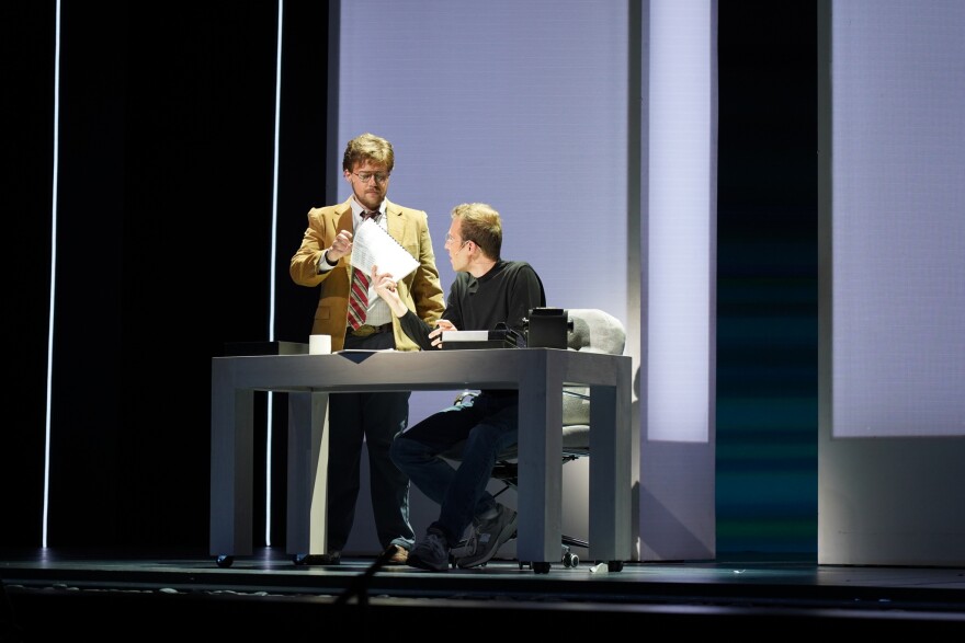 Joseph McBrayer as Steve Wozniak (L) and Jeremy Weiss as Steve Jobs (R). (Photo Credit: IU Jacobs School of Music)