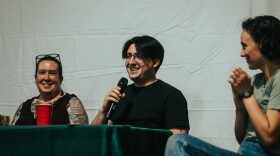 Bazile (center) with his mother (left) Melonee Nisogaabokwe Montano speaking on a panel sponsored by the Superior Rivers Watershed Association in Washburn Wisconsin, July 2025.