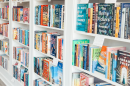 White bookshelves filled with copies of books for sale. 