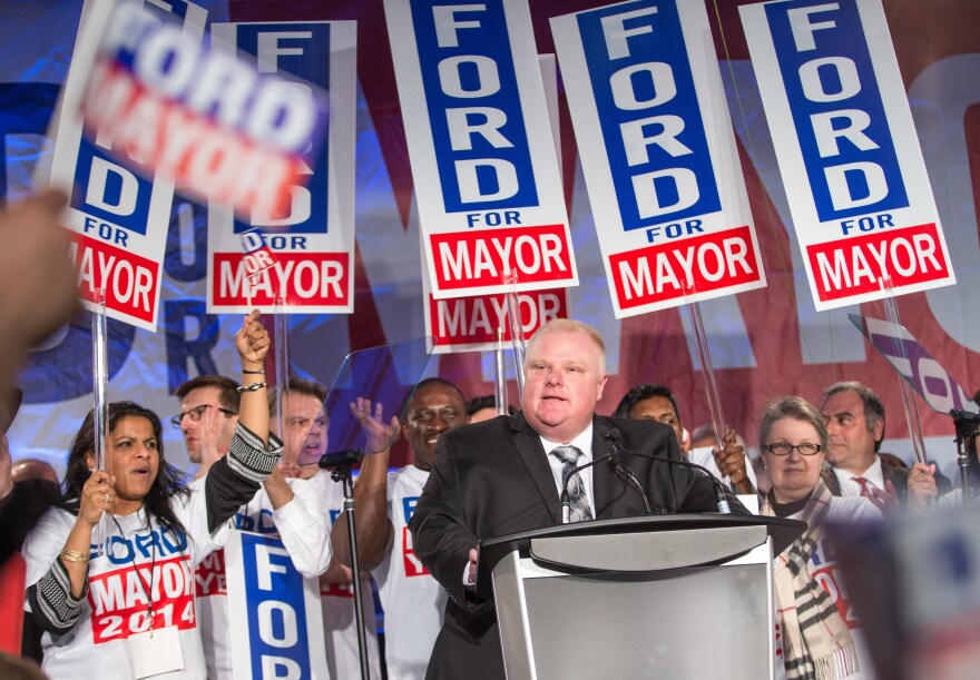Toronto Mayor Rob Ford speaks during the kick-off of his re-election campaign at a rally on April 17, 2014. Ford, who made worldwide headlines after admitting binge drinking and smoking crack, was stripped of most of his powers. He died Tuesday.