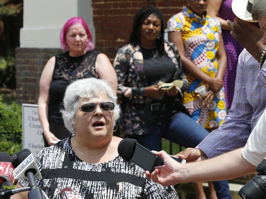 Susan Bro — the mother of Heather Heyer, who was killed during the Unite the Right rally in 2017 — speaks to reporters after the sentencing of James Alex Fields Jr. in Charlottesville on July 15.
