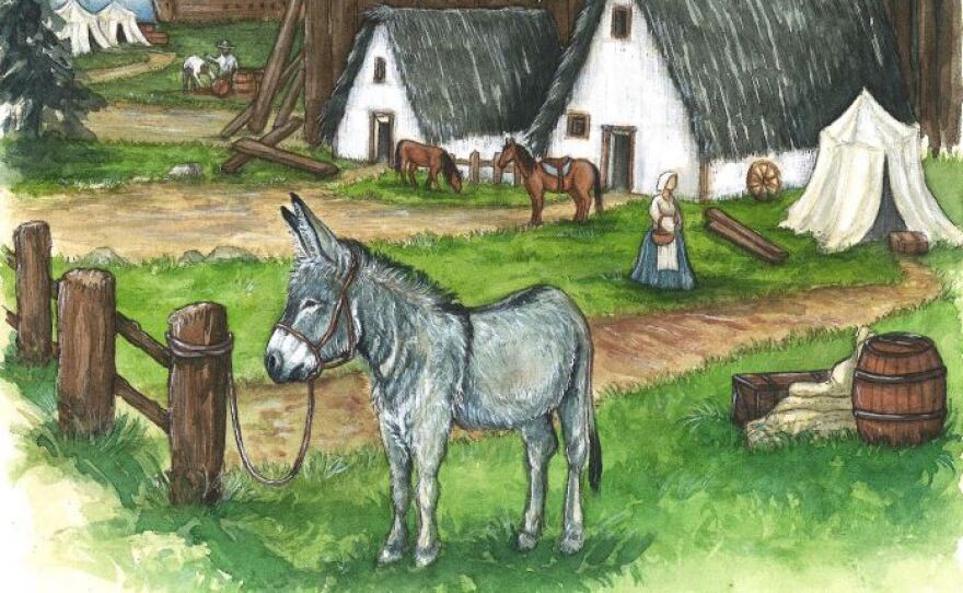 An illustration of a donkey at the 17th-century Jamestown Fort.