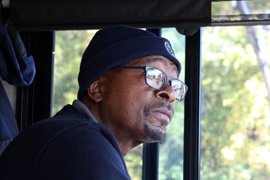 RTS Bus Driver Edward Hines drives the roads that make up route 76 in Gainesville, Fla. on Thursday, Nov. 13, 2025.