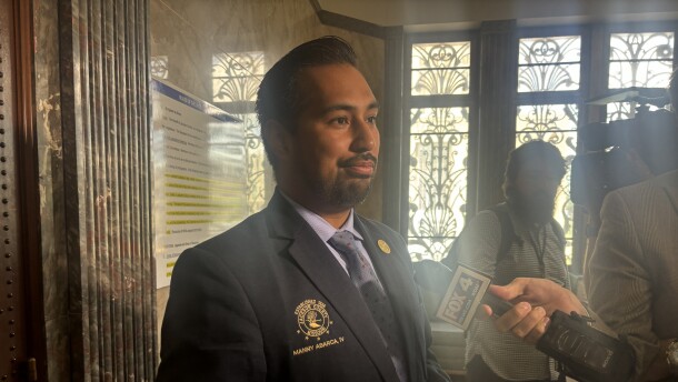 Jackson County Legislative Chair Manny Abarca speaks to media after a closed-door session he called to discuss allegations of bribery.