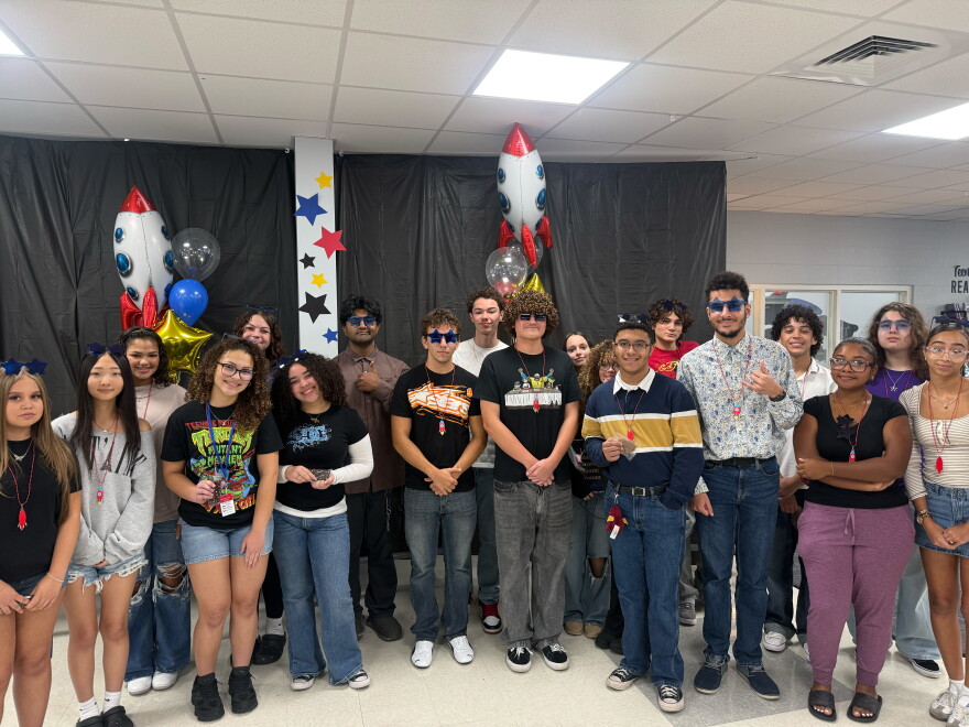 Deltona High School students at a watch party celebrating NASA astronaut Luke Delaney’s launch to the space station.