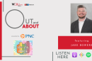 The image features a photo of this episode’s guest Jake Bowers. Jake is the interim president of Peoria Proud. The image has the quote “PRIDE THROUGH THE ARTS”, with a rainbow colored graphic that reads River City Pride Peoria, IL. The graphic artwork also features an icon of the podcast’s sponsor PNC Bank as well as various podcast platform’s icons where the Out and About podcast can be streamed/downloaded. 