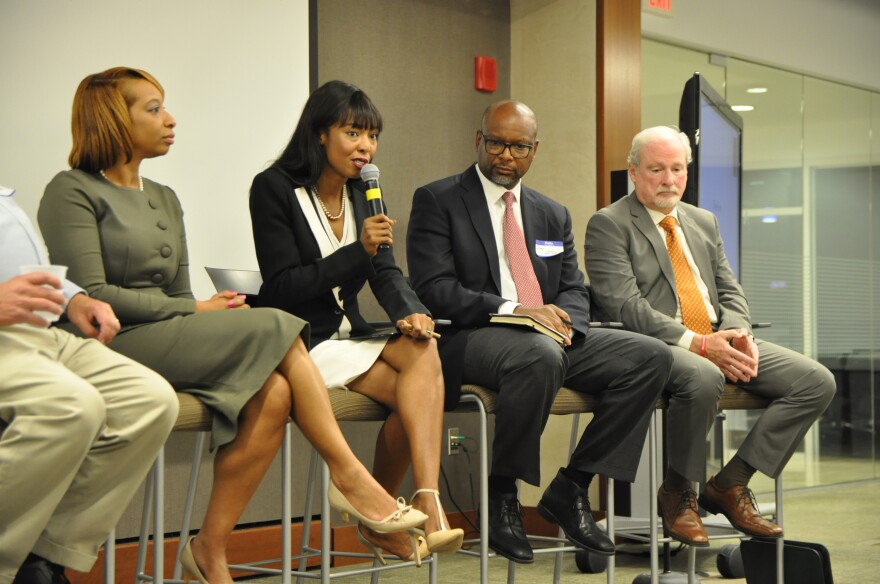 Missouri state Rep. Cora Faith Walker, D-Ferguson, speaks on a panel held by NAHSE-STL. Affinia Healthcare Chief Operating Officer Kendra Holmes, criminologist Dan Isom, and anti-addiction advocate Howard Weissman join her.