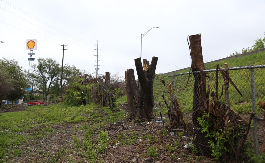 Trees cut down along Interstate-65 on-ramp at St. Catherine Street in Old Louisville on Friday April 28, 2022.