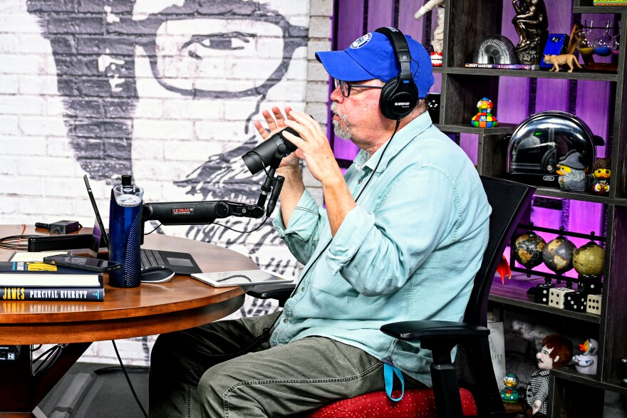 Host, Colin McEnroe in a live conversation with Percival Everett on set of the Colin McEnroe Show, June 5th, 2024 in Hartford, Connecticut.
