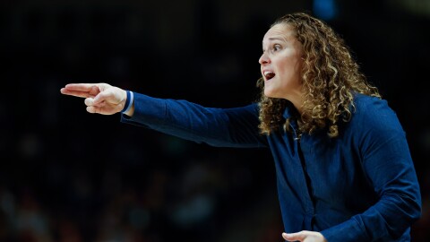 FILE - Penn State head coach Carolyn Kieger directs her team against South Carolina during the first half of an NCAA college basketball game, in Columbia, S.C., Dec. 14, 2025.