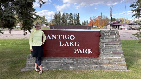 After a long day on the move, Sarah kicked back to chat at Antigo Lake Park.