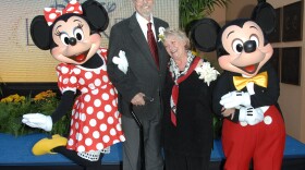 Russi Taylor and her husband, Wayne Allwine, pose with their characters, Minnie and Mickey Mouse, at the 2008 Disney Legends Ceremony at the Walt Disney Studios in Burbank, California.